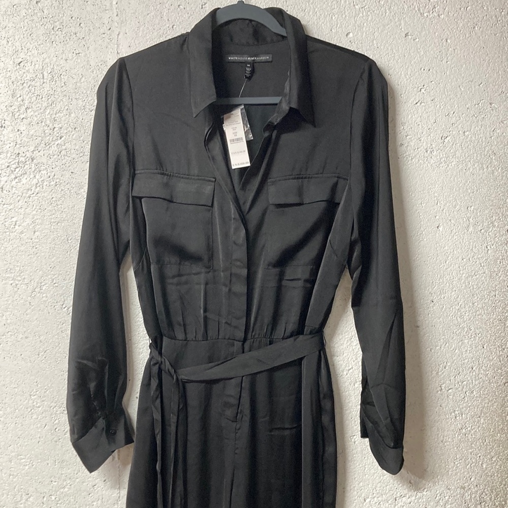 New WHBM Black Satin Button Up Wide Leg Jumpsuit with Tie Belt Size 10